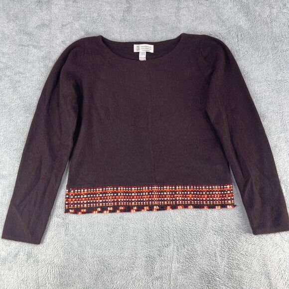 Brunello Cucinelli Sweater Women M/S Brown Cashmere Embroidered Hem Long Sleeve - Picture 1 of 13
